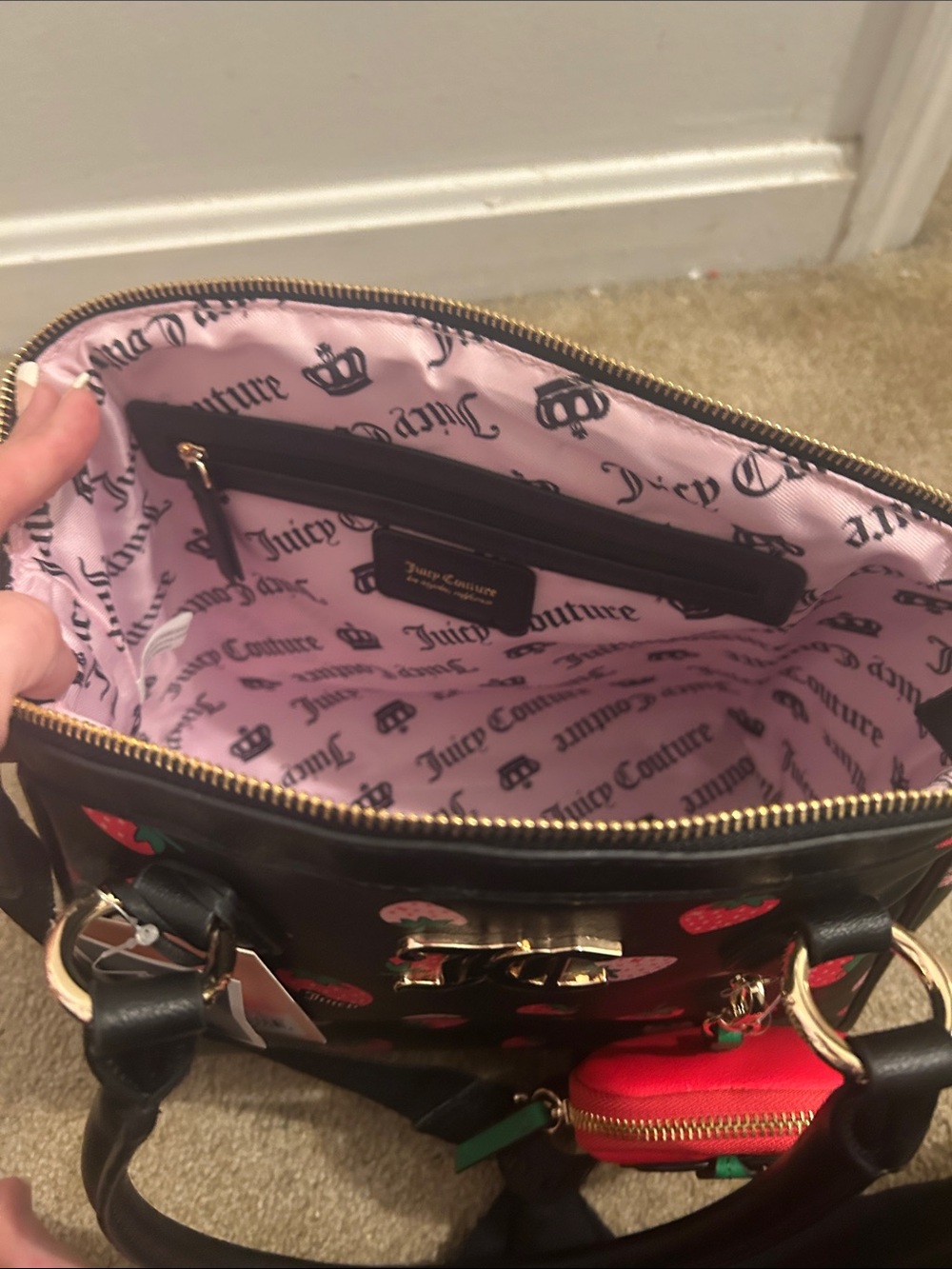 Juicy Couture Black Strawberry Print Satchel with Strawberry Charm - Picture 4 of 5